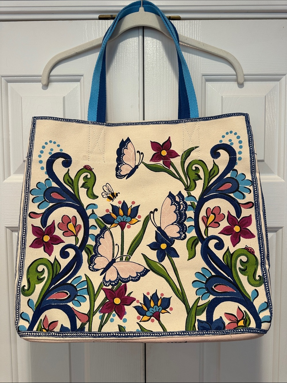Brighton Canvas Floral Butterfly Tote Bag in Cream and Blue